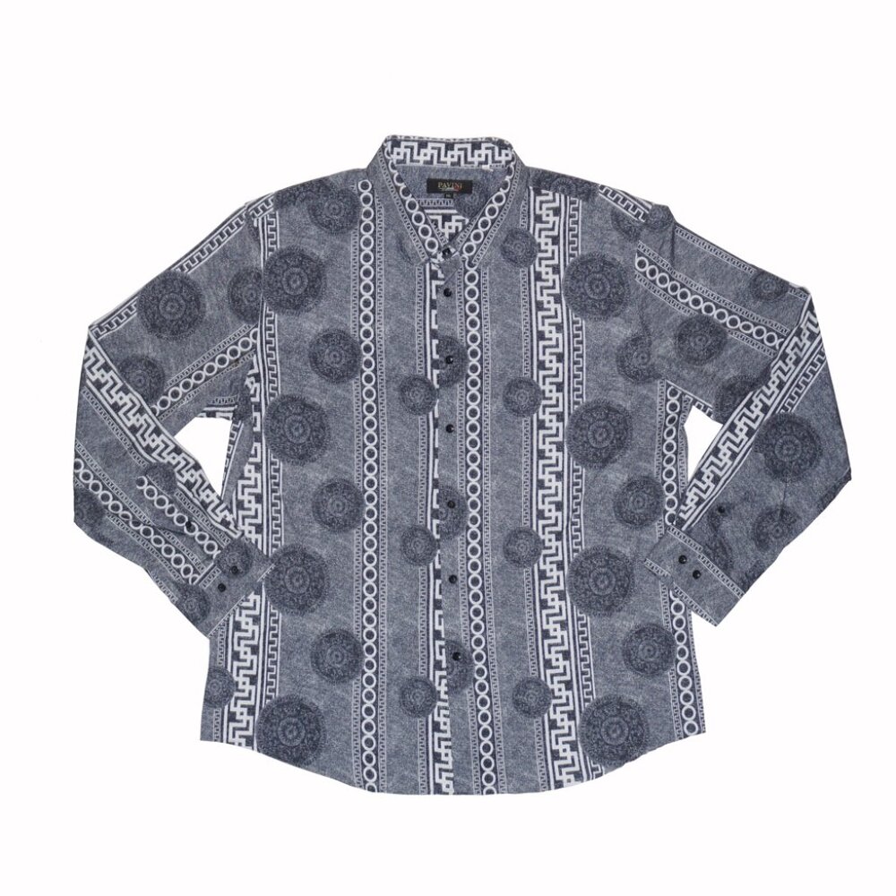 PAVINI Gray Long Sleeve Button Front Geometric Baroque Pattern Shirt Sz XXL